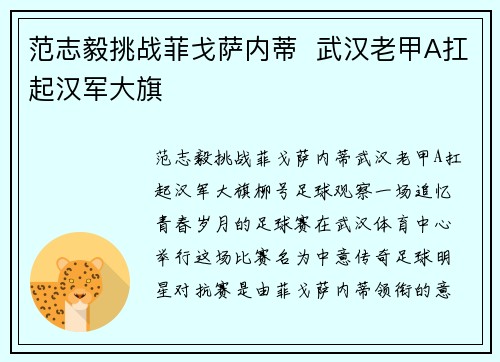 范志毅挑战菲戈萨内蒂  武汉老甲A扛起汉军大旗