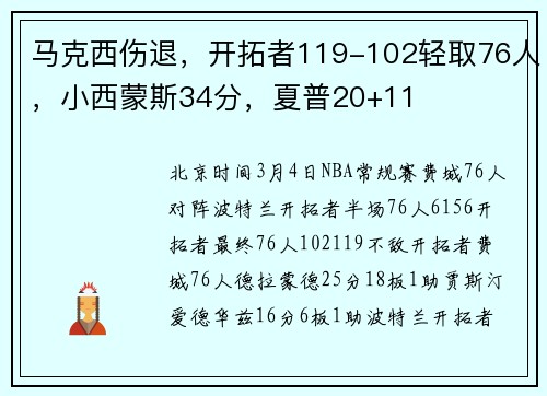 马克西伤退，开拓者119-102轻取76人，小西蒙斯34分，夏普20+11