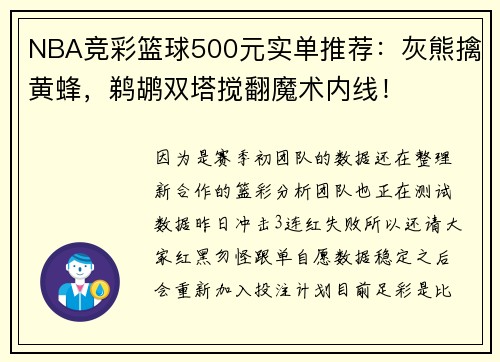 NBA竞彩篮球500元实单推荐：灰熊擒黄蜂，鹈鹕双塔搅翻魔术内线！