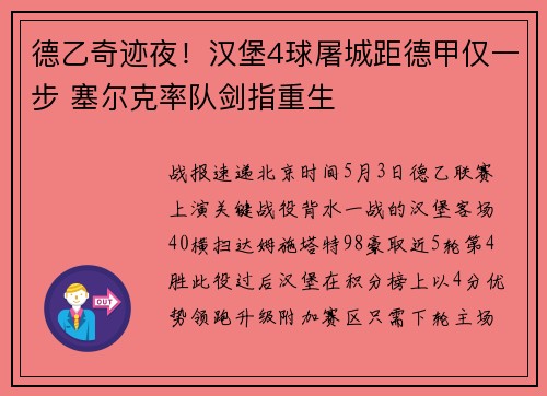 德乙奇迹夜！汉堡4球屠城距德甲仅一步 塞尔克率队剑指重生