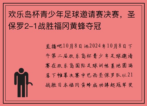 欢乐岛杯青少年足球邀请赛决赛，圣保罗2-1战胜福冈黄蜂夺冠
